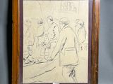 dessin représentant un homme debout devant un comptoir, un couteau à la main