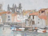 a painting of boats in a harbor with buildings in the background