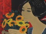 painting of a woman holding a bouquet of sunflowers in front of a red wall