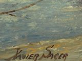 a painting of a man flying a kite on the beach