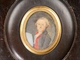 tableau représentant un homme vêtu d'un manteau noir et d'une cravate rouge