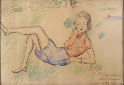 dessin représentant une femme allongée sur l'herbe, les jambes croisées