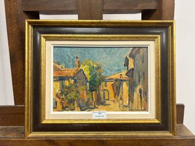 an image of a painting of a man on a horse in front of a building