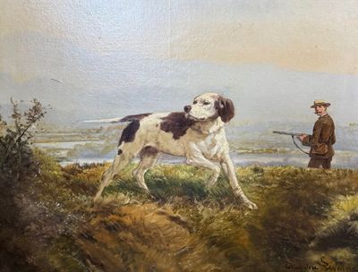 un tableau représentant un homme armé d'un pistolet et accompagné d'un chien