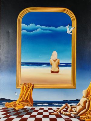 tableau représentant une femme assise sur un sol à carreaux devant un tableau représentant une femme assise sur un sol à carreaux devant un miroir