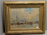 une peinture à l'huile représentant des bateaux sur l'eau, dans un cadre doré