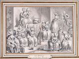 a drawing of a group of people sitting in a room