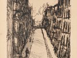 une image représentant un dessin d'une rue avec des bâtiments et un banc