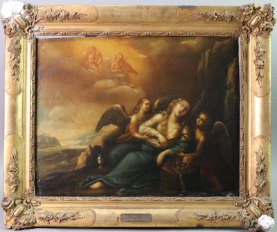 une image d'un tableau représentant un groupe de personnes dans un paysage