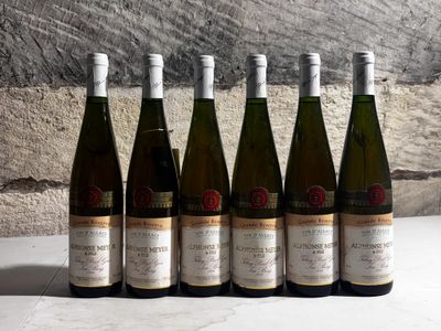 six bottles of wine are lined up in a row against a stone wall