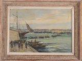 an oil painting of a harbor scene with boats in the water
