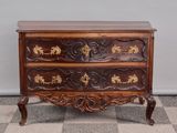 une commode ancienne posée sur un sol à damier, avec un mur en arrière-plan