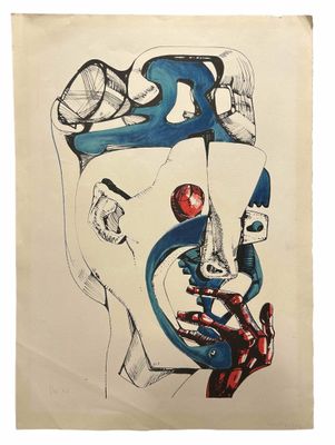 un dessin représentant le visage d'une femme aux traits bleus et rouges