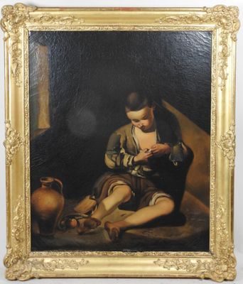 une peinture à l'huile représentant une femme assise par terre à côté d'un vase