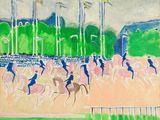 un tableau représentant des chevaux et des jockeys en pleine course sur un hippodrome