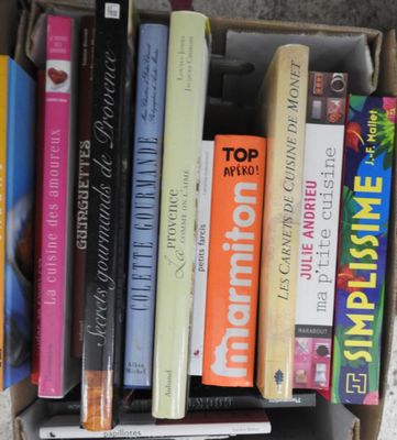 une boîte pleine de livres posée sur le sol