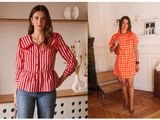 deux photos d'une femme portant une robe-chemise rouge et blanche