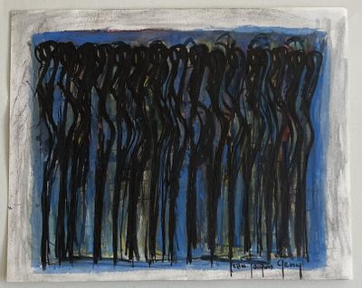 a painting of a group of people standing in a line