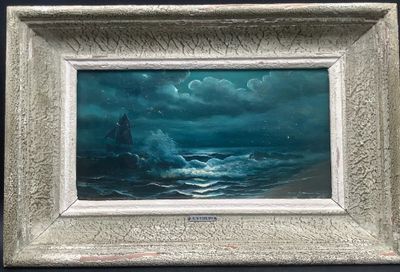 une image représentant un tableau d'un bateau sur l'océan, de nuit
