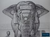 drawing of a man standing next to an elephant in a room