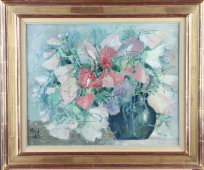 a painting of flowers in a vase on a table