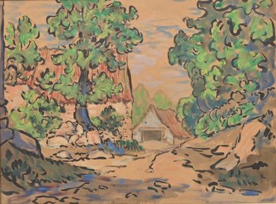 l'image d'une peinture représentant un chemin de terre avec des arbres en arrière-plan