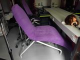 a purple chair that is sitting in front of a desk