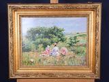an oil painting of two women sitting in a field of grass