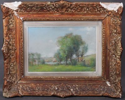 une peinture à l'huile représentant un champ avec des arbres et une maison au loin
