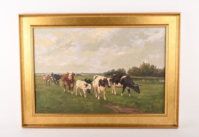 a painting of cows in a field with a sky in the background