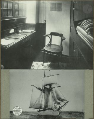 two black and white photos of a bedroom with a desk and a ship in the water