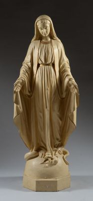 a statue of a woman in a white robe holding a cross