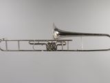 an old brass trombone with a long neck and a long horn