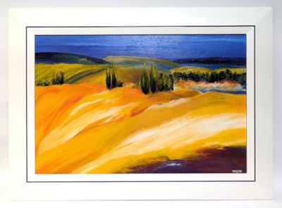 a painting of a yellow field with trees in the distance
