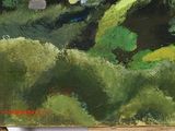 an oil painting of a green landscape with a house in the distance