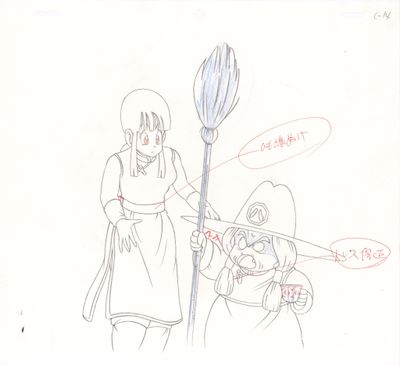 dessin de bande dessinée représentant une femme et un enfant avec un balai