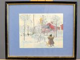 painting of a couple walking in the snow in front of a red house