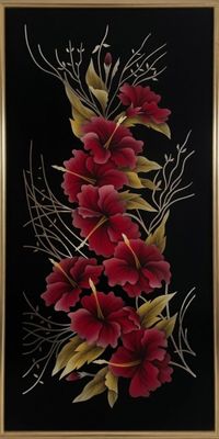 painting of red flowers on a black background with gold leaves