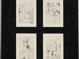 une photo en noir et blanc représentant quatre dessins encadrés représentant des personnes