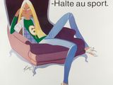 a picture of a woman sitting in a chair with her legs crossed