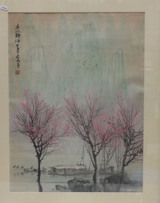 chinese ink painting of trees and a boat in a body of water