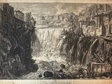 un vieux dessin représentant une cascade au cœur d'une ville