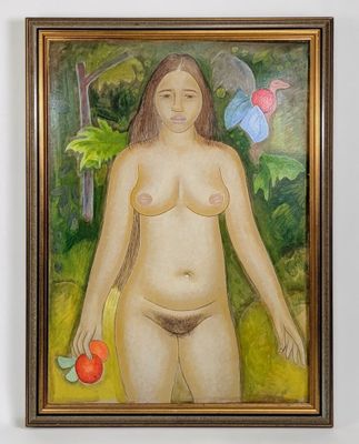 un tableau représentant une femme tenant une pomme dans la main