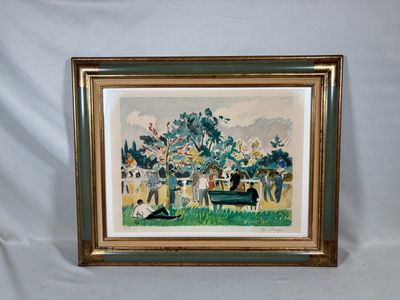 tableau représentant un groupe de personnes dans un parc, avec un banc