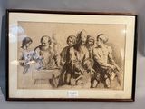 dessin d'un groupe de personnes assises autour d'une table dans une pièce