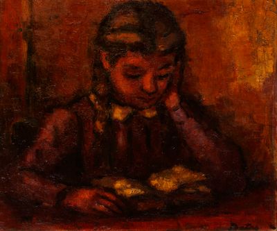 painting of a woman sitting at a table with a plate of food in front of her