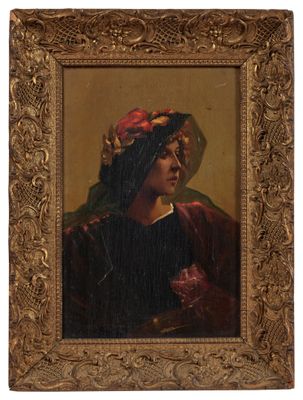 a painting of a woman in a red headdress and a gold frame