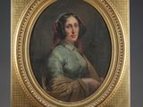 an oil painting of a woman in a green dress on a wooden easel