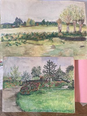two pictures of a book with a picture of a garden