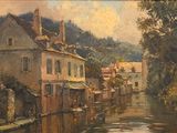 un tableau représentant une rivière traversant une petite ville